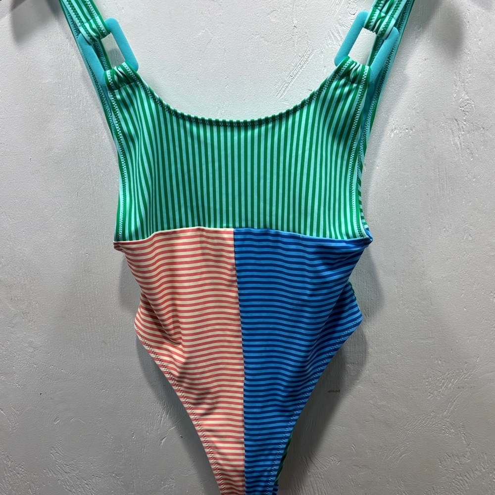 Aerie Stripped Low Back Ring Birthday Scoop Cheekiest One-Piece Swimsuit Small - Picture 4 of 7